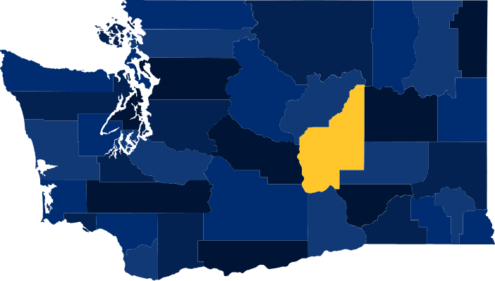 mapa del estado de Washington con el condado de Grant resaltado en el medio
